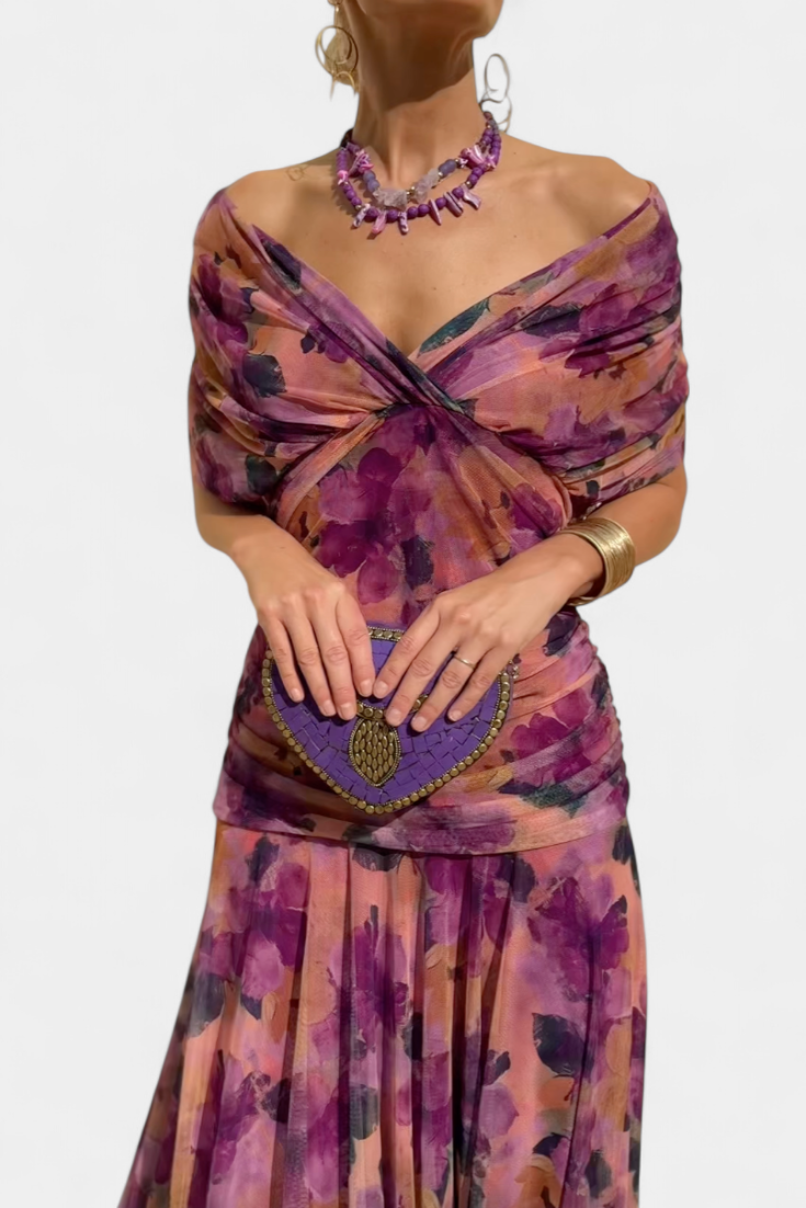 Dames Maxi Jurk Off-Shoulder met Plooien en V-hals Paars