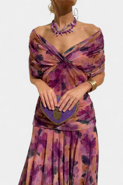 Dames Maxi Jurk Off-Shoulder met Plooien en V-hals Paars