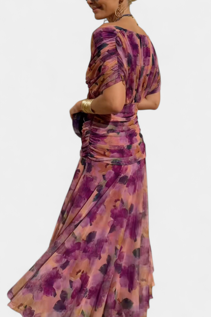 Dames Maxi Jurk Off-Shoulder met Plooien en V-hals