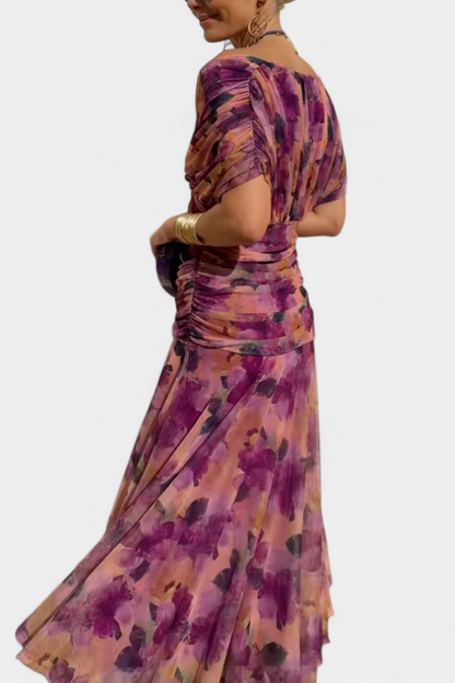 Dames Maxi Jurk Off-Shoulder met Plooien en V-hals