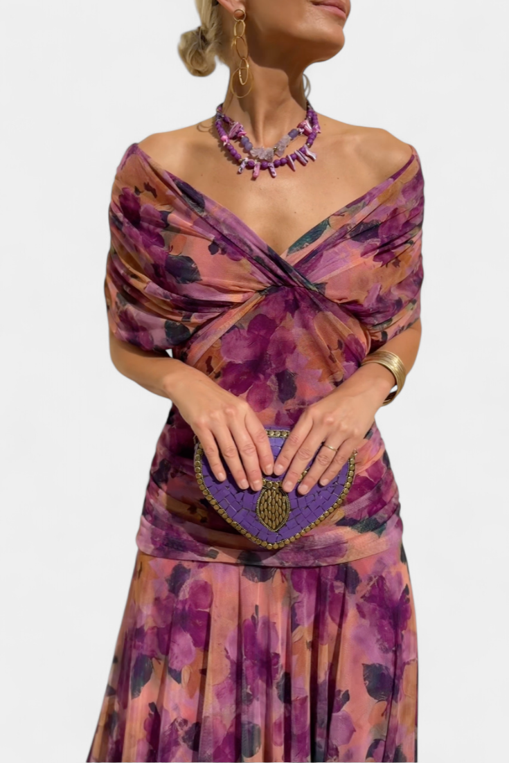 Dames Maxi Jurk Off-Shoulder met Plooien en V-hals