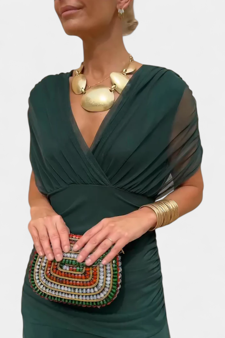 Dames Maxi Jurk Off-Shoulder met Plooien en V-hals Groen