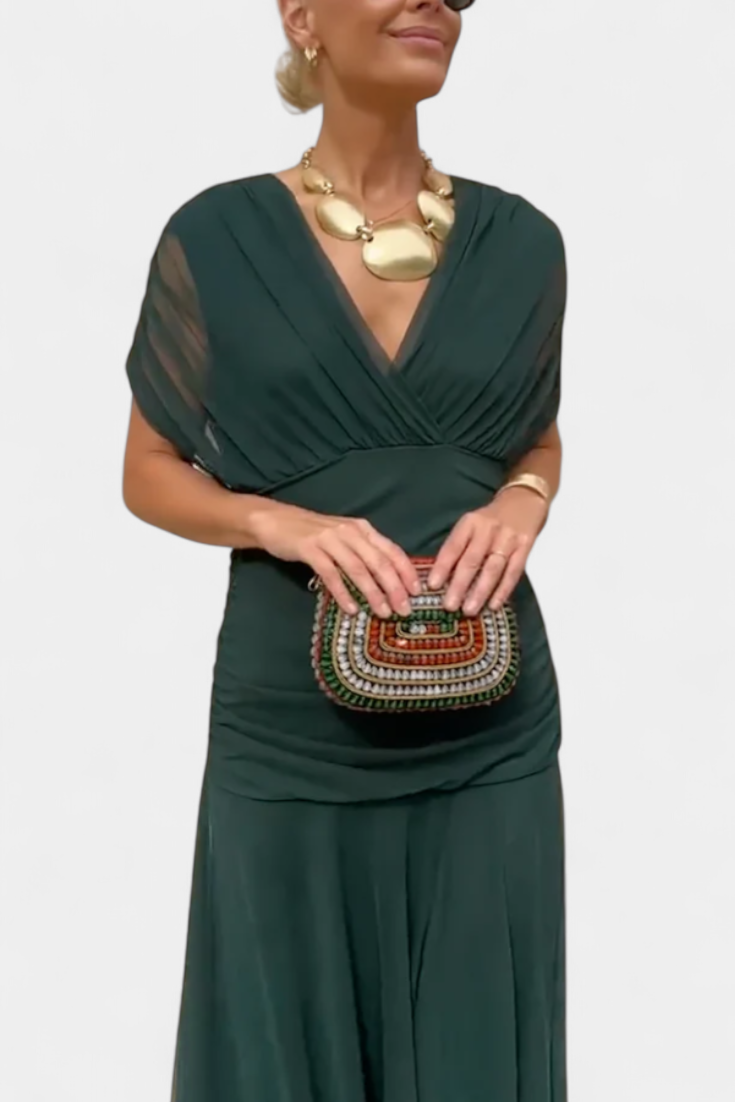 Dames Maxi Jurk Off-Shoulder met Plooien en V-hals