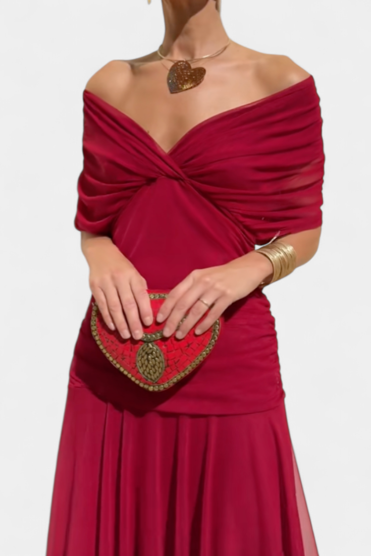 Dames Maxi Jurk Off-Shoulder met Plooien en V-hals Rood