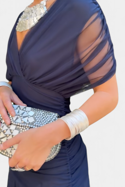 Dames Maxi Jurk Off-Shoulder met Plooien en V-hals Blauw