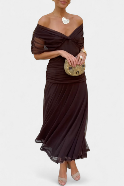 Dames Maxi Jurk Off-Shoulder met Plooien en V-hals