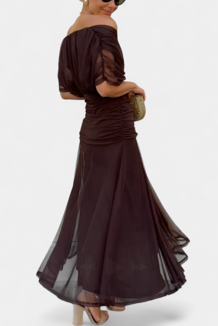 Dames Maxi Jurk Off-Shoulder met Plooien en V-hals