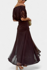 Dames Maxi Jurk Off-Shoulder met Plooien en V-hals