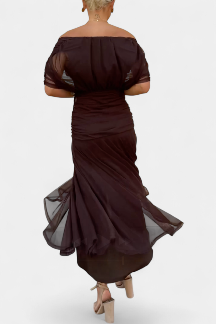 Dames Maxi Jurk Off-Shoulder met Plooien en V-hals