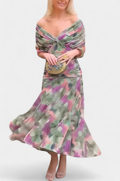 Dames Maxi Jurk Off-Shoulder met Plooien en V-hals Groen en paars