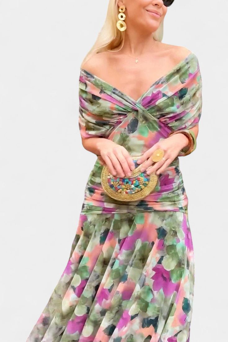 Dames Maxi Jurk Off-Shoulder met Plooien en V-hals