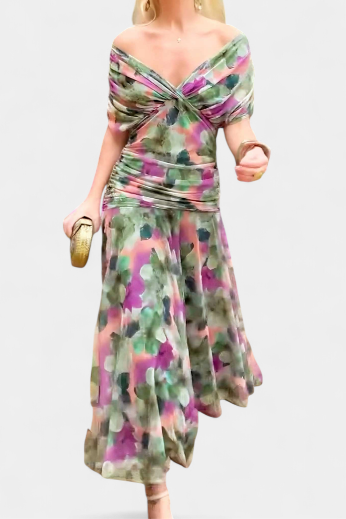 Dames Maxi Jurk Off-Shoulder met Plooien en V-hals