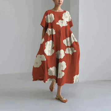 Dames Maxi Jurk Oversized met Bloemenprint en Ronde Hals Korte Mouw Rood Bloemen