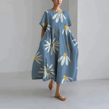 Dames Maxi Jurk Oversized met Bloemenprint en Ronde Hals Korte Mouw