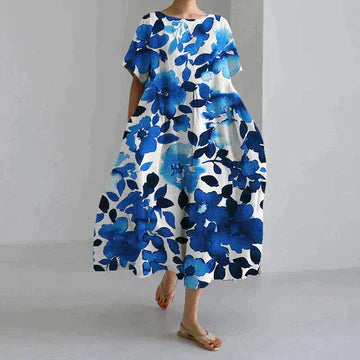 Dames Maxi Jurk Oversized met Bloemenprint en Ronde Hals Korte Mouw