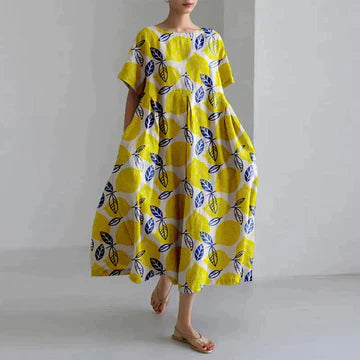 Dames Maxi Jurk Oversized met Bloemenprint en Ronde Hals Korte Mouw Geel Bladeren