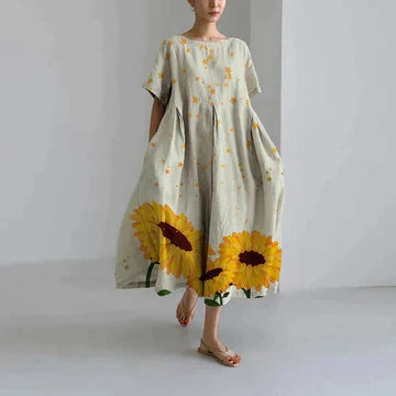 Dames Maxi Jurk Oversized met Bloemenprint en Ronde Hals Korte Mouw Beige Zonnebloemen
