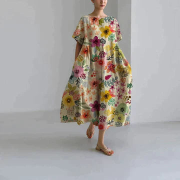Dames Maxi Jurk Oversized met Bloemenprint en Ronde Hals Korte Mouw Multicolor Bloemen
