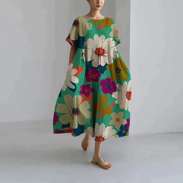 Dames Maxi Jurk Oversized met Bloemenprint en Ronde Hals Korte Mouw Groen Multicolor Bloemen