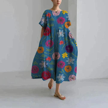 Dames Maxi Jurk Oversized met Bloemenprint en Ronde Hals Korte Mouw Blauw Multicolor Bloemen