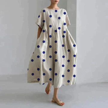 Dames Maxi Jurk Oversized met Bloemenprint en Ronde Hals Korte Mouw Beige Stippen