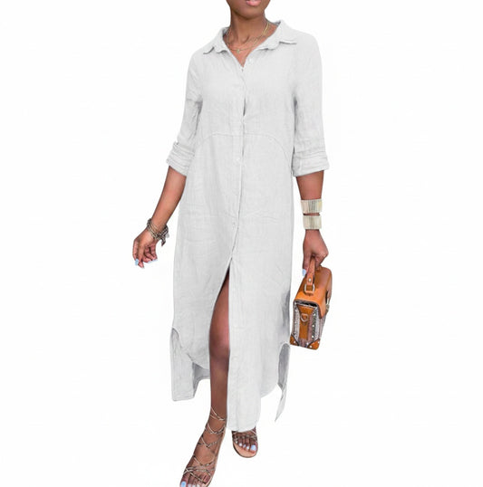 Dames Maxi Shirtjurk met Kraag, Knoopsluiting en Zijsplit