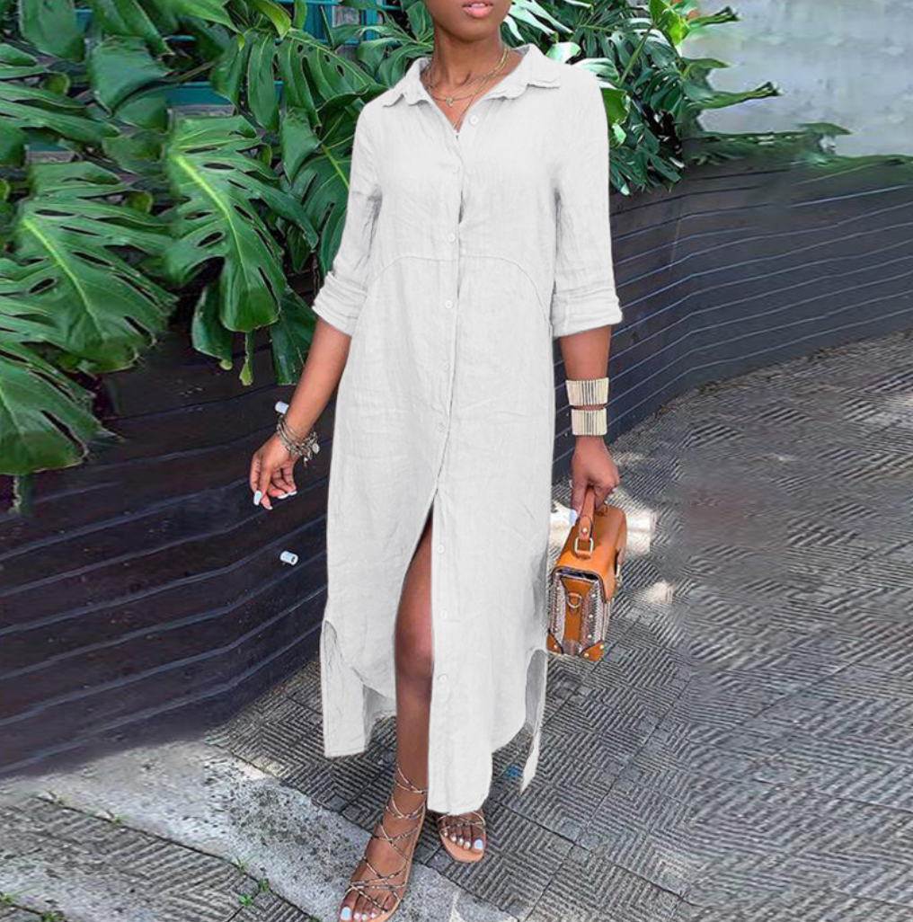 Dames Maxi Shirtjurk met Kraag, Knoopsluiting en Zijsplit Wit
