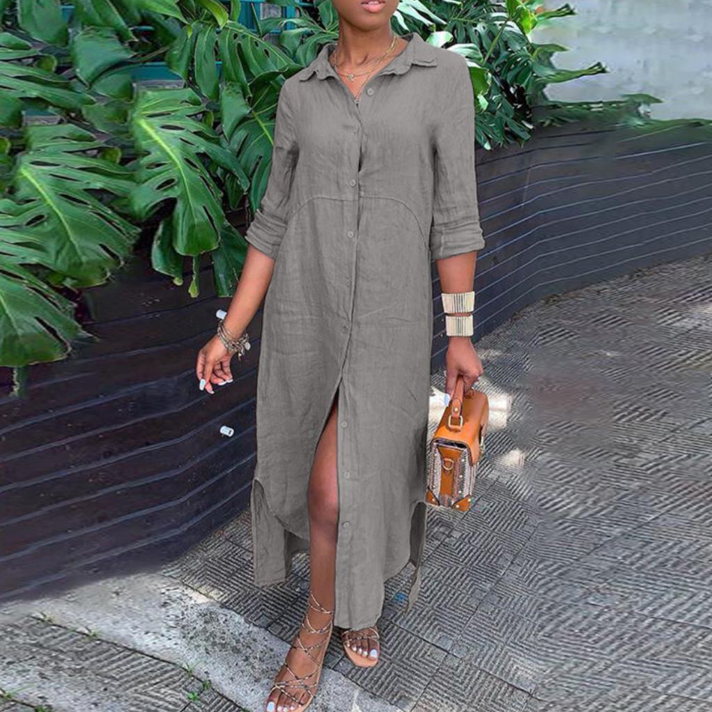 Dames Maxi Shirtjurk met Kraag, Knoopsluiting en Zijsplit Grijs