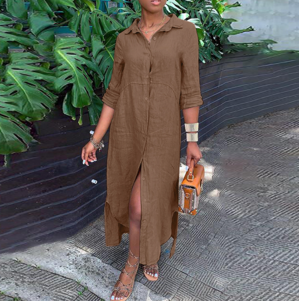 Dames Maxi Shirtjurk met Kraag, Knoopsluiting en Zijsplit Bruin