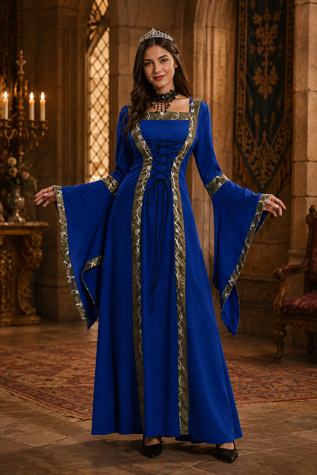 Dames Middeleeuwse Jurk met Capuchon, Vierkante Hals en Klokmouwen Blauw