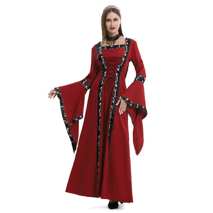 Dames Middeleeuwse Jurk met Capuchon, Vierkante Hals en Klokmouwen Rood