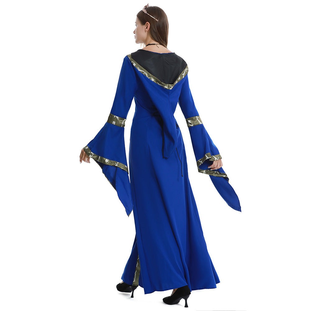 Dames Middeleeuwse Jurk met Capuchon, Vierkante Hals en Klokmouwen