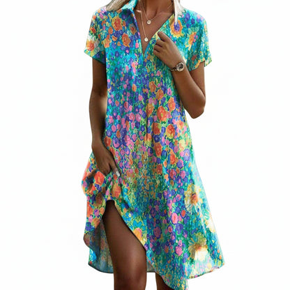 Dames Midi Jurk Korte Mouw met Bloemenprint en Asymmetrische Zoom