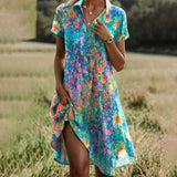 Dames Midi Jurk Korte Mouw met Bloemenprint en Asymmetrische Zoom