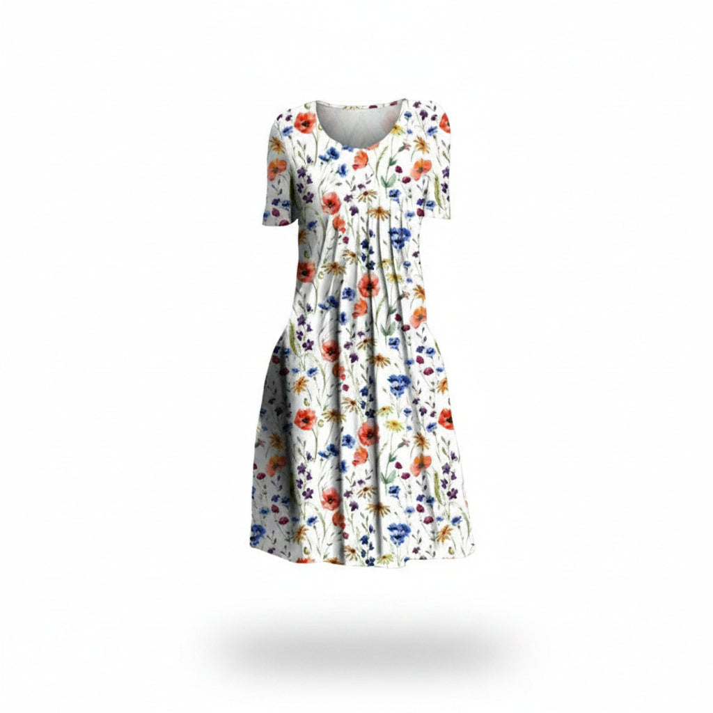 Dames Midi Jurk Korte Mouw met Bloemenprint en Plooien
