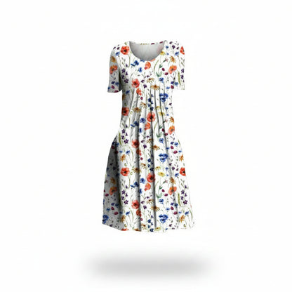 Dames Midi Jurk Korte Mouw met Bloemenprint en Plooien