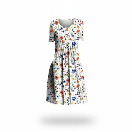 Dames Midi Jurk Korte Mouw met Bloemenprint en Plooien