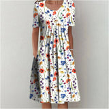 Dames Midi Jurk Korte Mouw met Bloemenprint en Plooien
