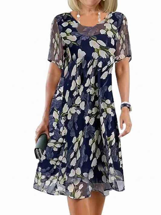 Dames Midi Jurk Korte Mouw met Bloemenprint en Ronde Hals