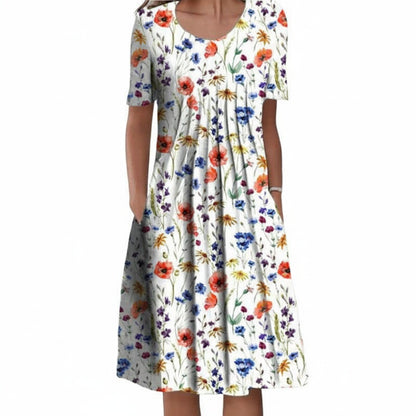 Dames Midi Jurk Korte Mouw met Bloemenprint en Ronde Hals
