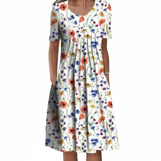Dames Midi Jurk Korte Mouw met Bloemenprint en Ronde Hals
