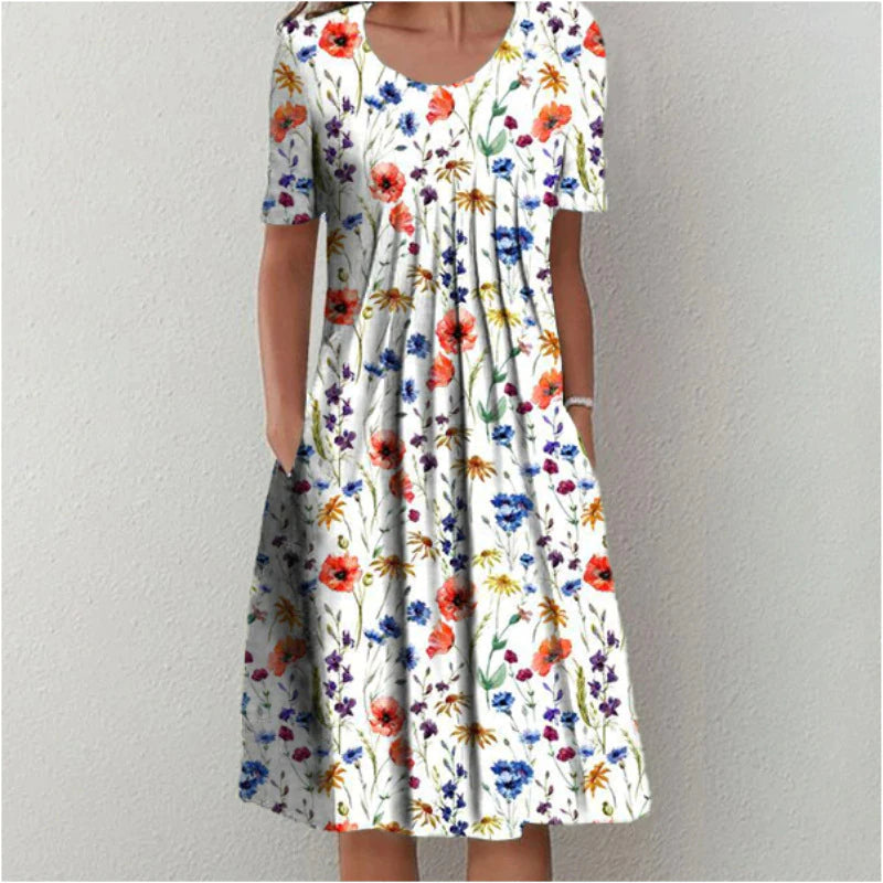 Dames Midi Jurk Korte Mouw met Bloemenprint en Ronde Hals Wit Rood