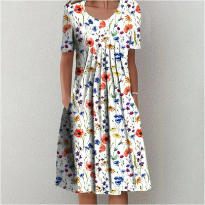 Dames Midi Jurk Korte Mouw met Bloemenprint en Ronde Hals Wit Rood
