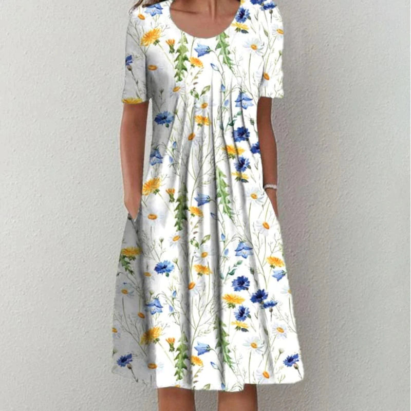 Dames Midi Jurk Korte Mouw met Bloemenprint en Ronde Hals Wit Geel