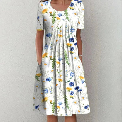 Dames Midi Jurk Korte Mouw met Bloemenprint en Ronde Hals Wit Geel