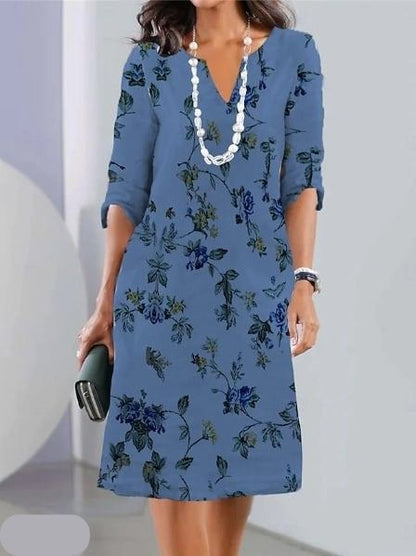 Dames Midi Jurk Korte Mouw met Bloemenprint en Ronde Hals Blauw