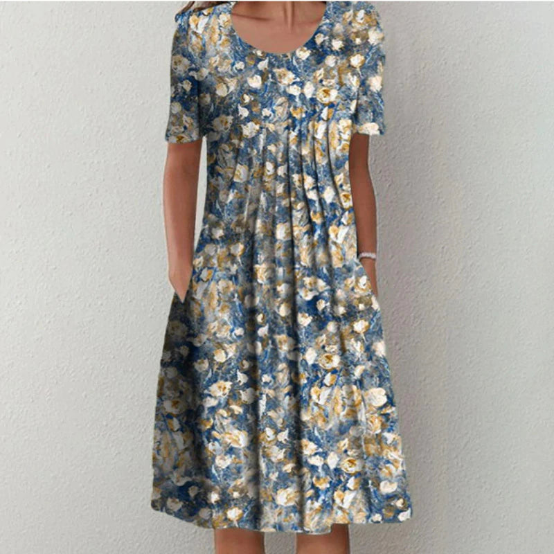 Dames Midi Jurk Korte Mouw met Bloemenprint en Ronde Hals Lichtblauw