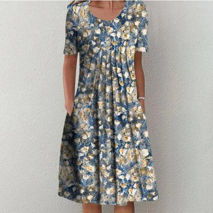 Dames Midi Jurk Korte Mouw met Bloemenprint en Ronde Hals Lichtblauw