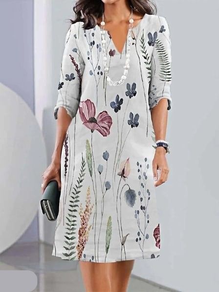 Dames Midi Jurk Korte Mouw met Bloemenprint en Ronde Hals Wit