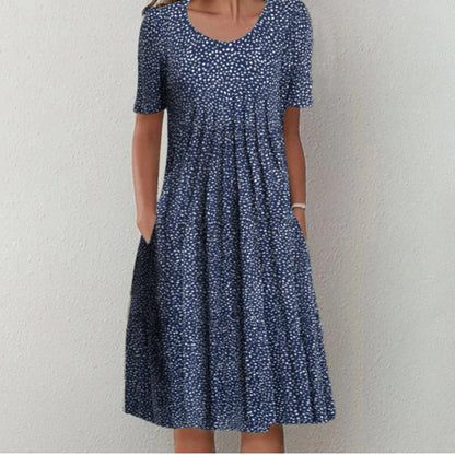 Dames Midi Jurk Korte Mouw met Bloemenprint en Ronde Hals Blauw met stippen